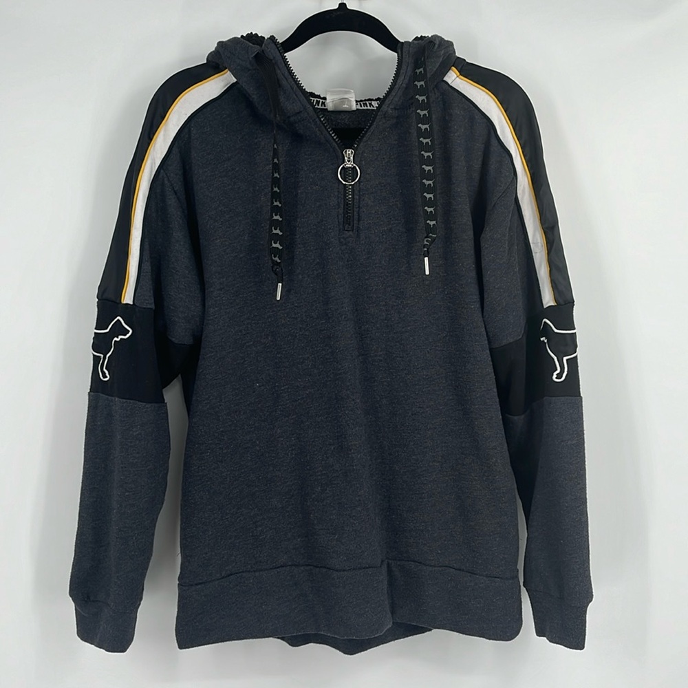 PINK Victorias Secret Grey Black and Gold Dog 1/4 Hoodie Sweatshirt